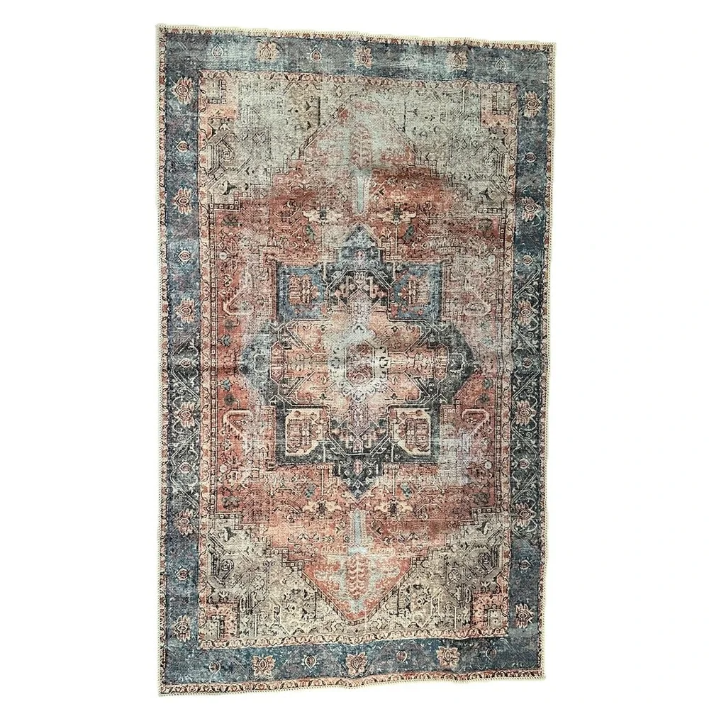 Machine Washable Rug 3'X5' Adiva Milano MLN17 Blue Orange Cream Faded-Look